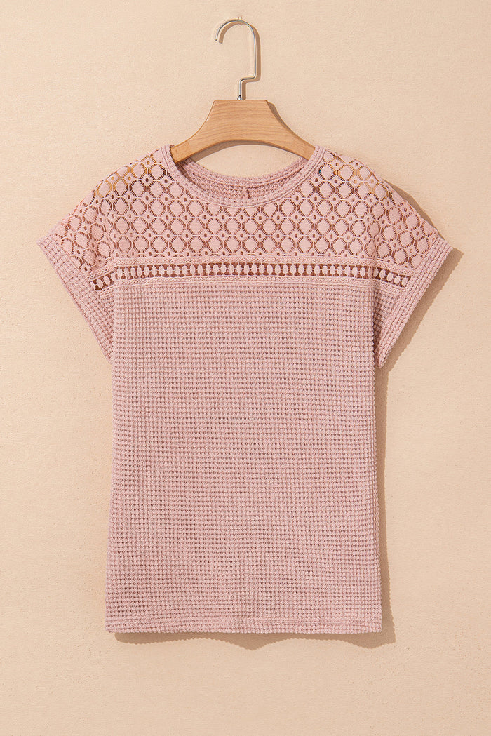Mist Green Lace Patchwork Waffle Short Sleeve Top - Tops/Tops & Tees