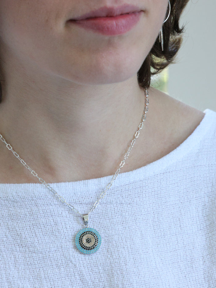 Pave Shades of blue gold round necklace -silver