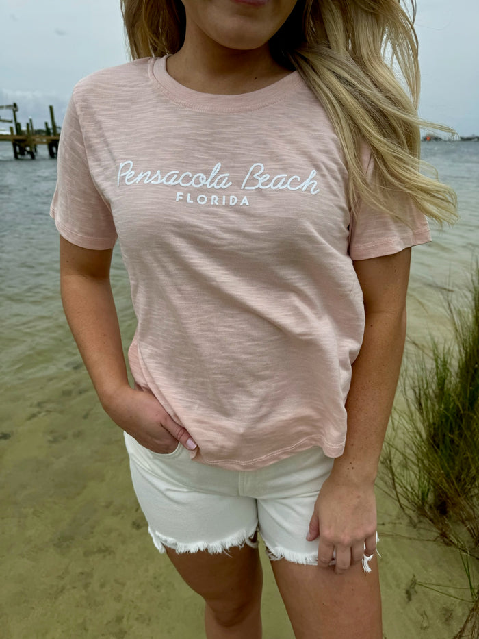 model in blush top