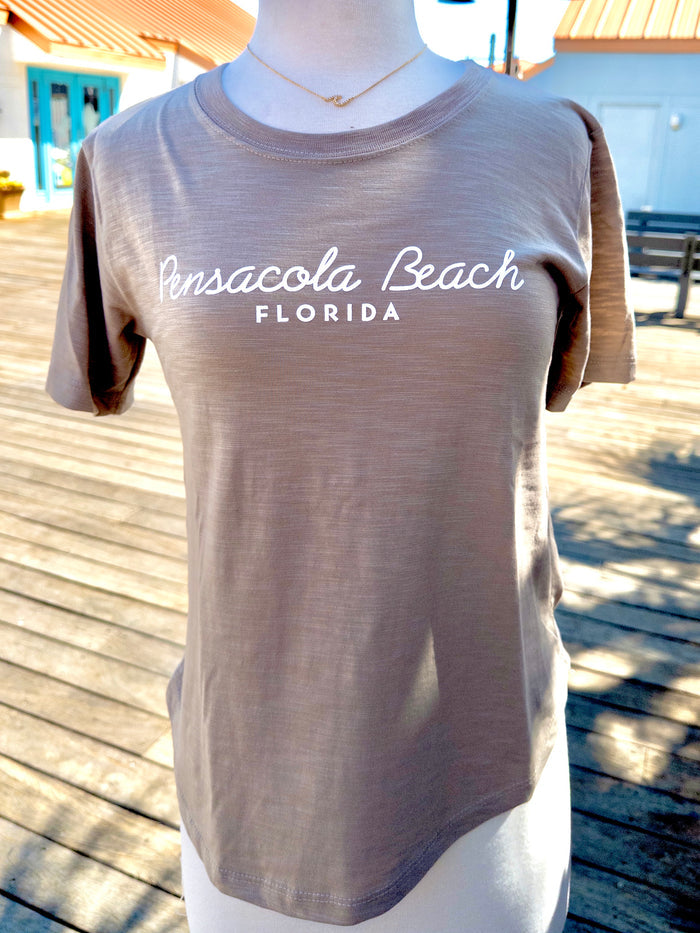 beige Pensacola Beach tee on mannequin