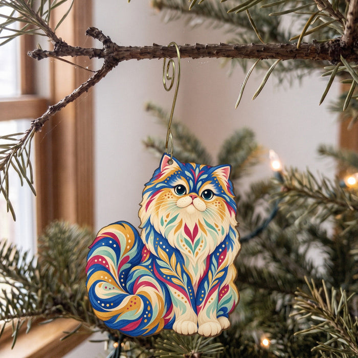 Laser-cut maple wood Persian Cat folk art ornament O461 hanging on a fir branch, made in USA