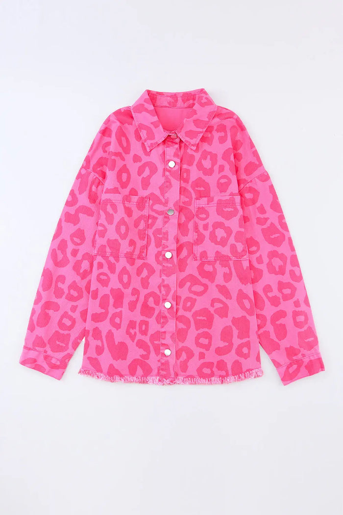Pink Leopard Print Button Cuffs Raw Hem Jacket - Outerwear/Denim jackets