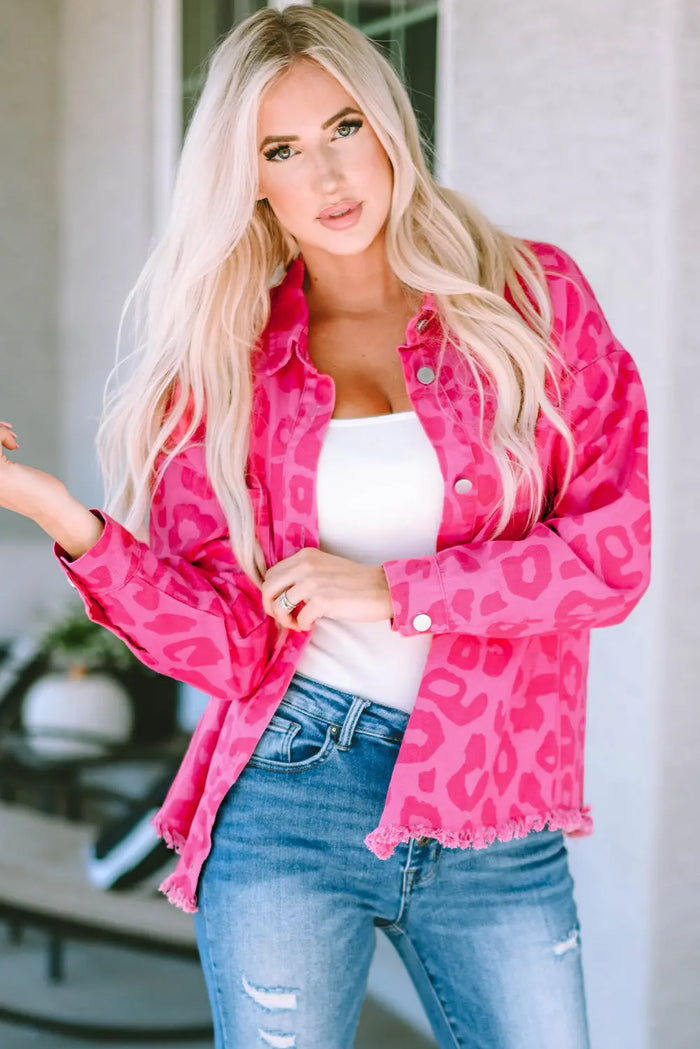 Pink Leopard Print Button Cuffs Raw Hem Jacket - PINK / S / 100% COTTON - Outerwear/Denim jackets
