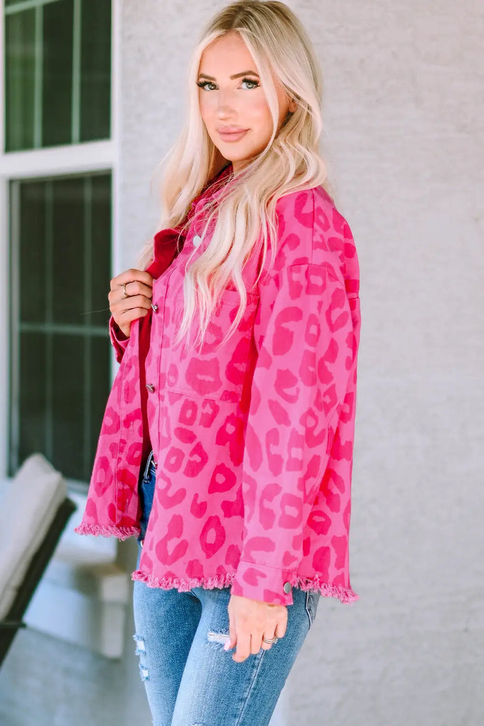 Pink Leopard Print Button Cuffs Raw Hem Jacket - Outerwear/Denim jackets