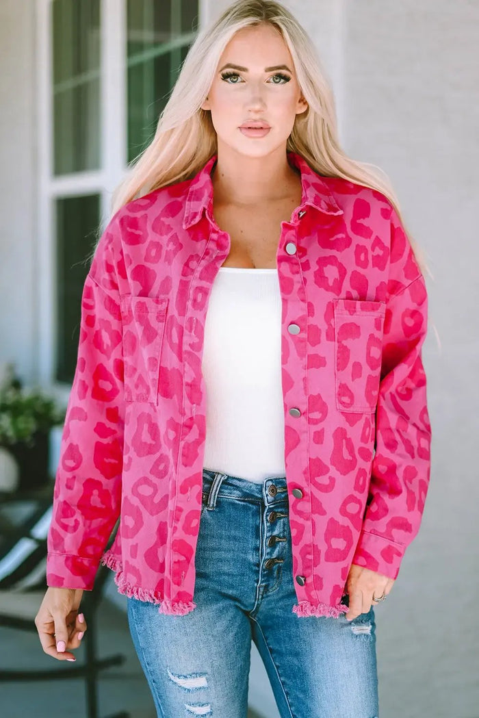 Pink Leopard Print Button Cuffs Raw Hem Jacket - Outerwear/Denim jackets