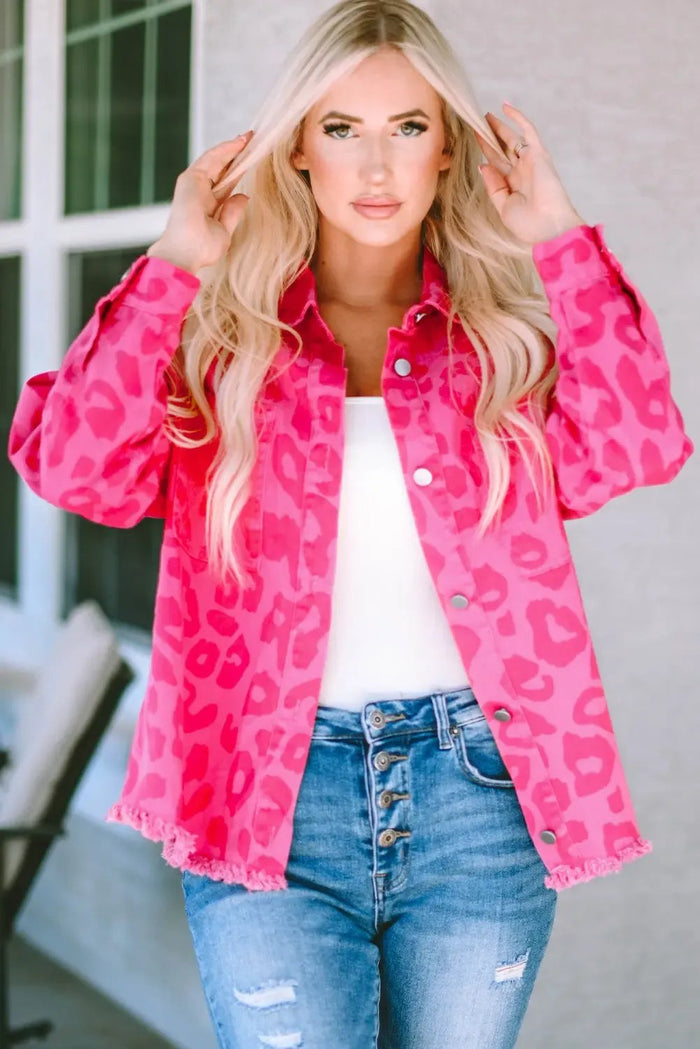 Pink Leopard Print Button Cuffs Raw Hem Jacket - Outerwear/Denim jackets