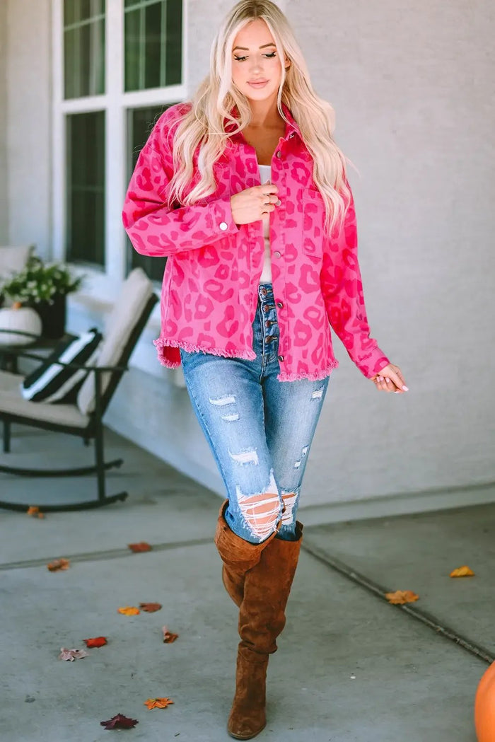 Pink Leopard Print Button Cuffs Raw Hem Jacket - Outerwear/Denim jackets