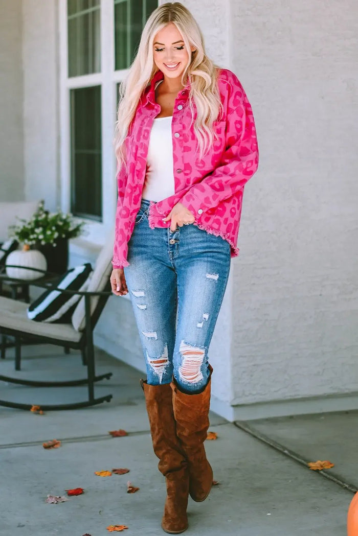 Pink Leopard Print Button Cuffs Raw Hem Jacket - Outerwear/Denim jackets