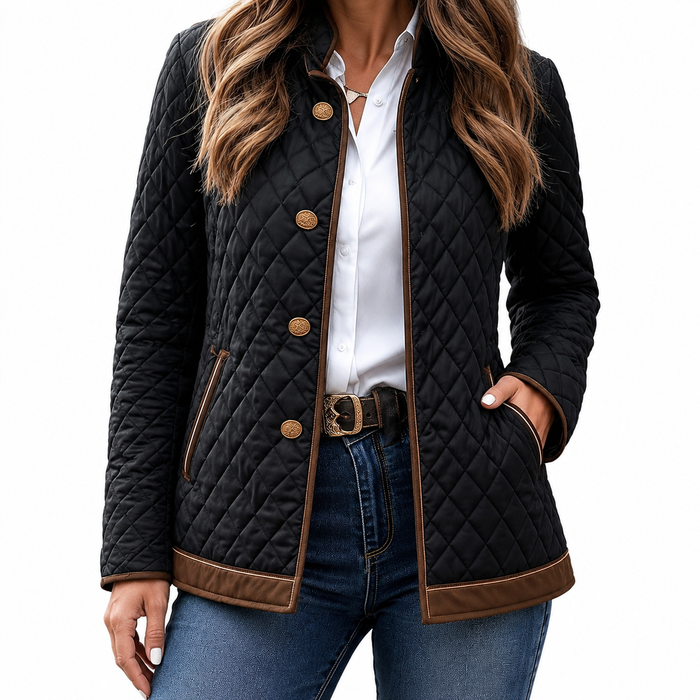 Button front plaid jacket for women with shaped slim silhouette and wrist-free sleeves for watch and jewelry styling now chic