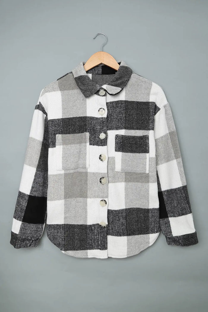 Plaid Buttoned Long Sleeve Jacket with Pocket - Outerwear/Plaid Shackets