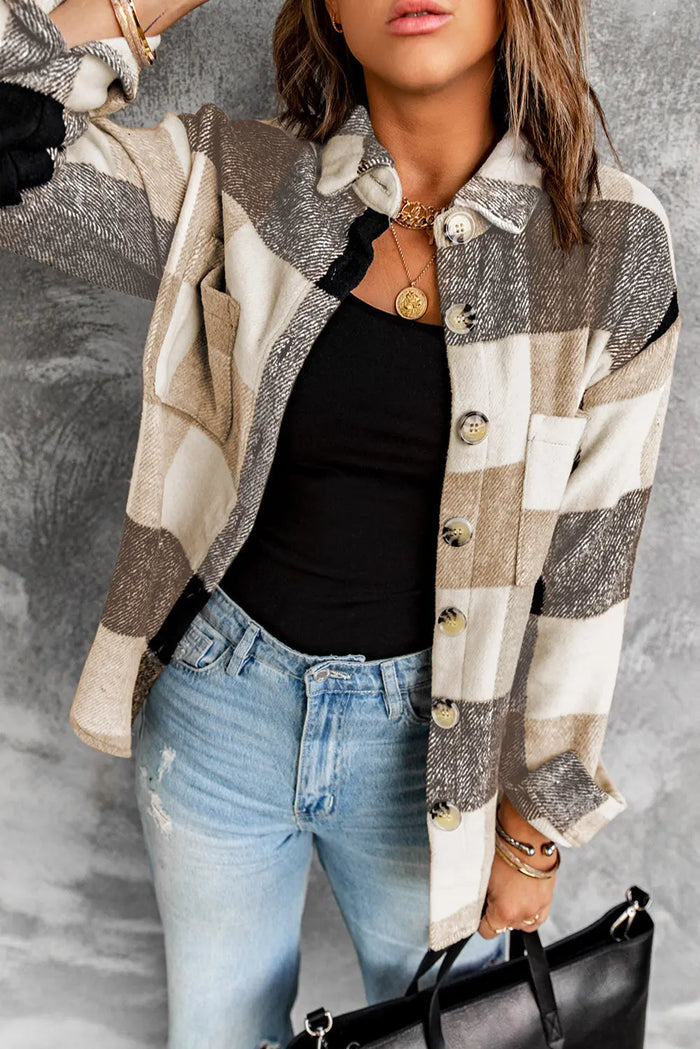 Plaid Buttoned Long Sleeve Jacket with Pocket - Brown / S - Outerwear/Plaid Shackets