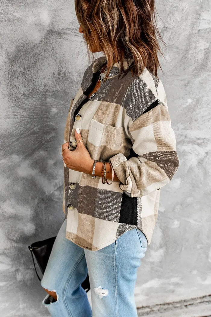 Plaid Buttoned Long Sleeve Jacket with Pocket - Outerwear/Plaid Shackets