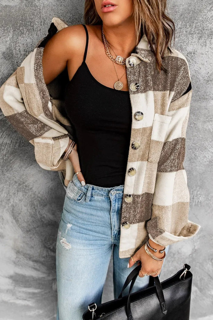 Plaid Buttoned Long Sleeve Jacket with Pocket - Outerwear/Plaid Shackets