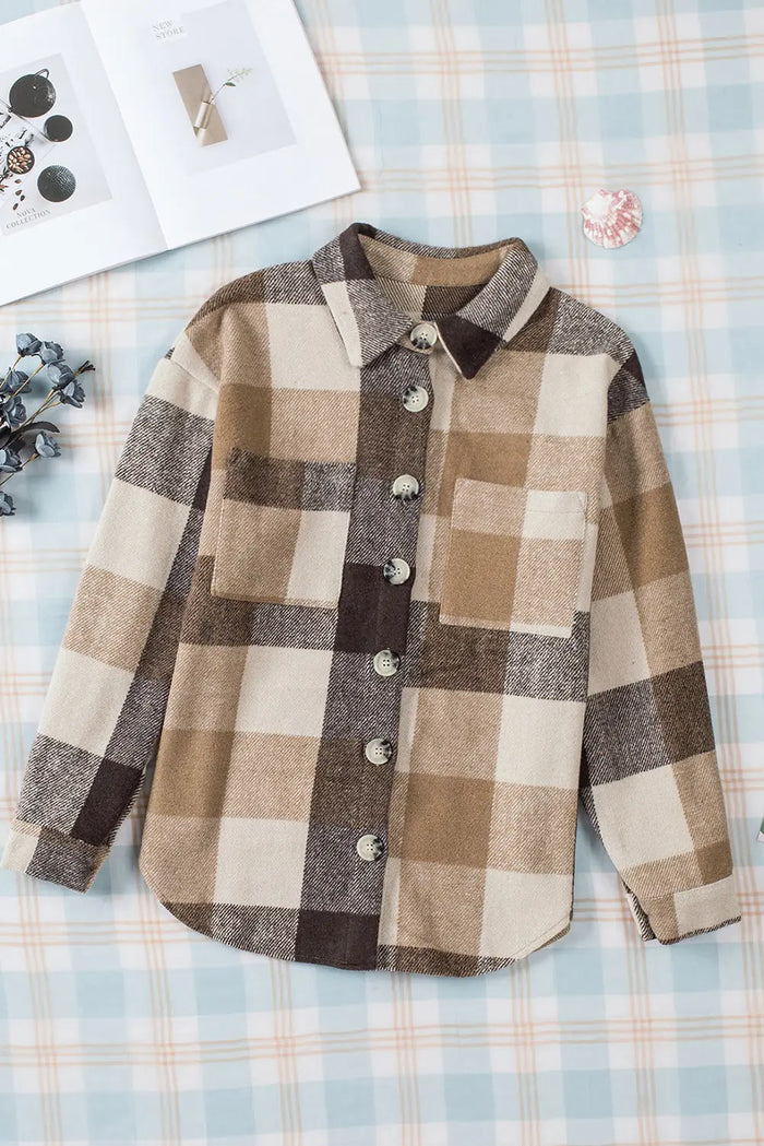 Plaid Buttoned Long Sleeve Jacket with Pocket - Outerwear/Plaid Shackets