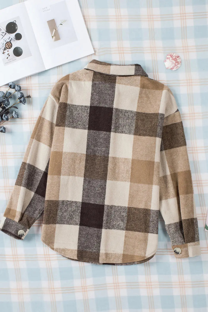 Plaid Buttoned Long Sleeve Jacket with Pocket - Outerwear/Plaid Shackets