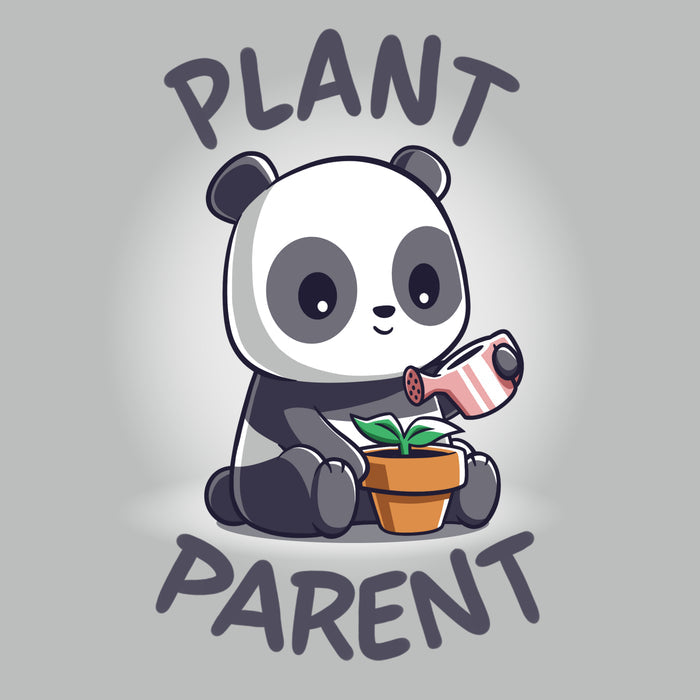 Premium Cotton T-shirt_TeeTurtle silver gray Plant Parent apparel featuring a  sitting panda watering a plant pot with a watering can.