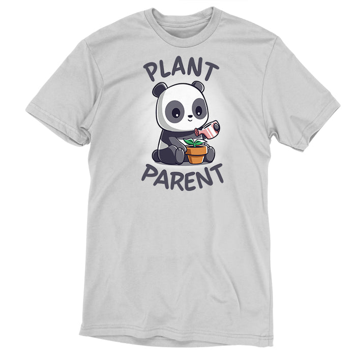 Premium Cotton T-shirt_TeeTurtle silver gray Plant Parent apparel featuring a  sitting panda watering a plant pot with a watering can.