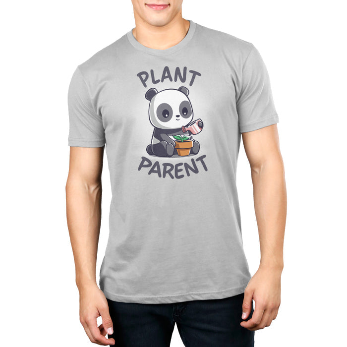 Premium Cotton T-shirt_TeeTurtle silver gray Plant Parent apparel featuring a  sitting panda watering a plant pot with a watering can.