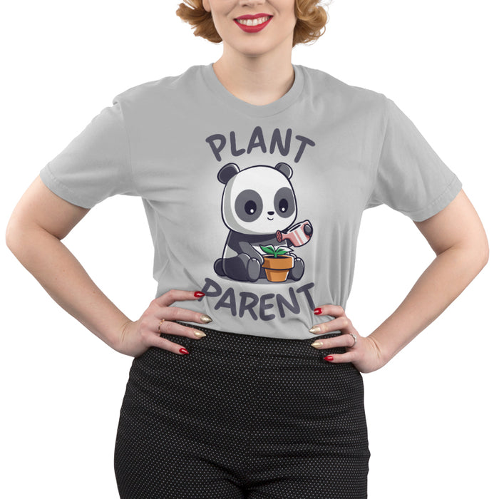 Premium Cotton T-shirt_TeeTurtle silver gray Plant Parent apparel featuring a  sitting panda watering a plant pot with a watering can.