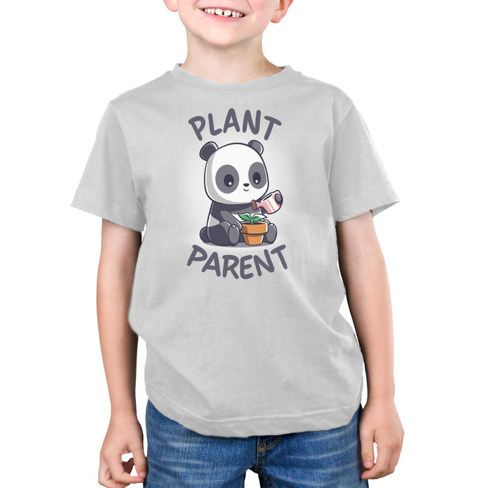 Premium Cotton T-shirt_TeeTurtle silver gray Plant Parent apparel featuring a  sitting panda watering a plant pot with a watering can.