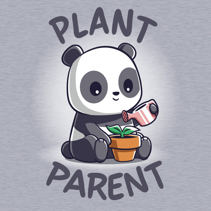 Classic Cotton T-shirt_TeeTurtle heather gray Plant Parent apparel featuring a  sitting panda watering a plant pot with a watering can.