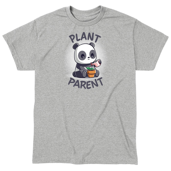 Classic Cotton T-shirt_TeeTurtle heather gray Plant Parent apparel featuring a  sitting panda watering a plant pot with a watering can.
