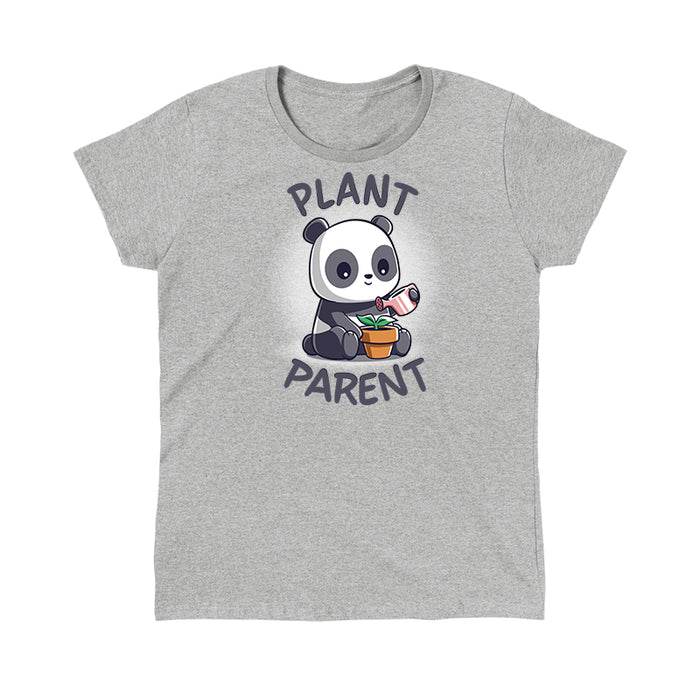 Classic Cotton T-shirt_TeeTurtle heather gray Plant Parent apparel featuring a  sitting panda watering a plant pot with a watering can.