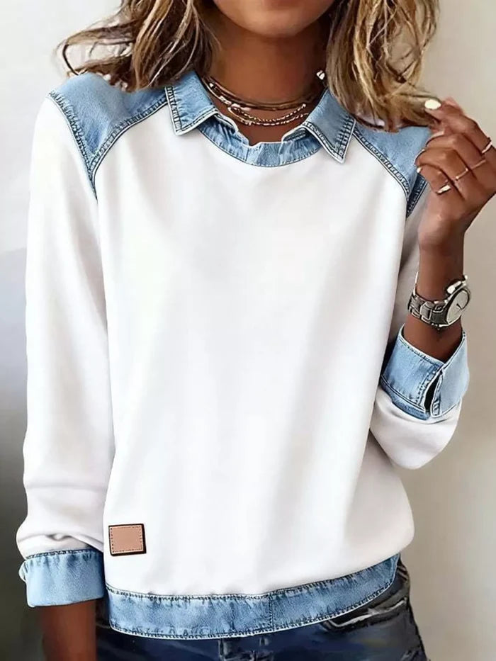 Plus-Size Denim-Trim Long-Sleeve Top product view 2, showing visible design and option details for key for comparison online.