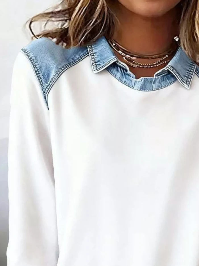 Plus-Size Denim-Trim Long-Sleeve Top product view 4, showing visible design and option details for key for comparison online.