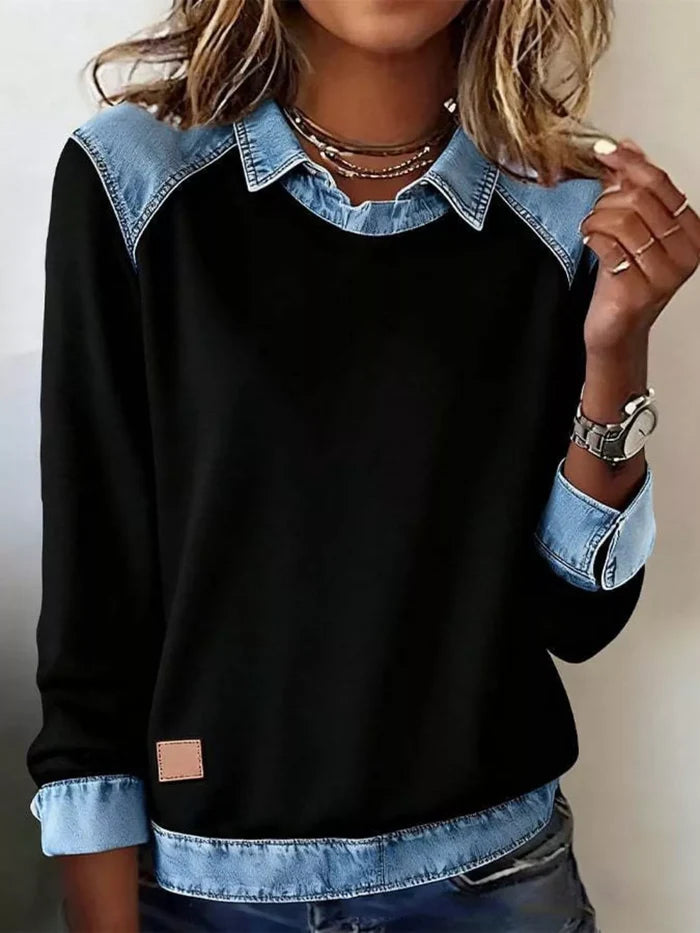 Plus-Size Denim-Trim Long-Sleeve Top product view 5, showing visible design and option details for key for comparison online.
