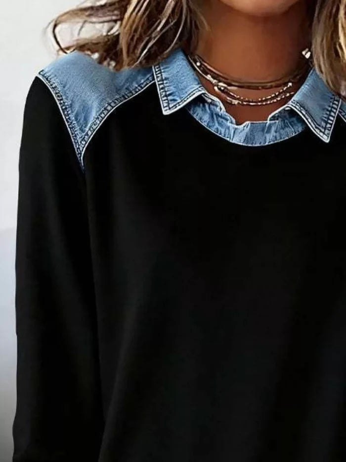 Plus-Size Denim-Trim Long-Sleeve Top product view 6, showing visible design and option details for key for comparison online.