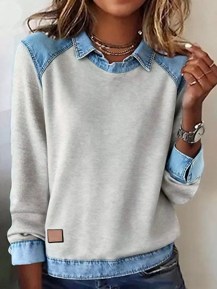 Plus-Size Denim-Trim Long-Sleeve Top product view 7, showing visible design and option details for key for comparison online.