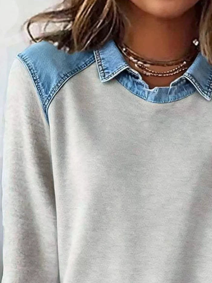 Plus-Size Denim-Trim Long-Sleeve Top product view 8, showing visible design and option details for key for comparison online.