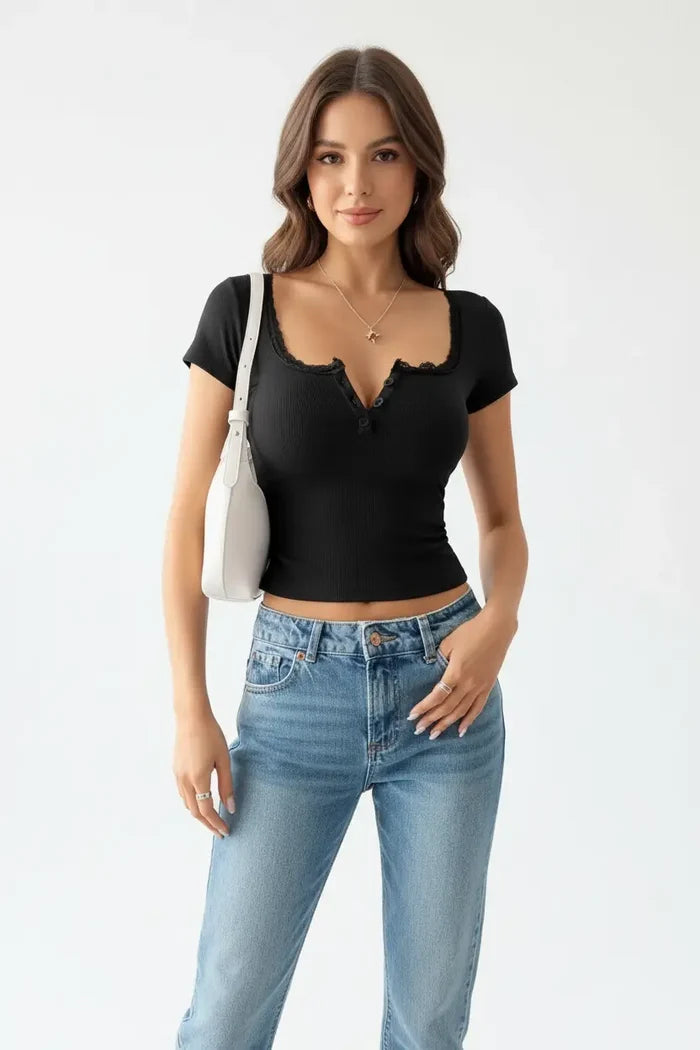 Plus size lace top for women with short sleeves and lace neckline trim, shown to highlight slim waist fit and overall design.