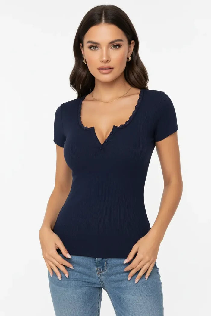 Women's plus size lace top with short sleeves and lace trim detail, shown from other product angle for fit and design review.