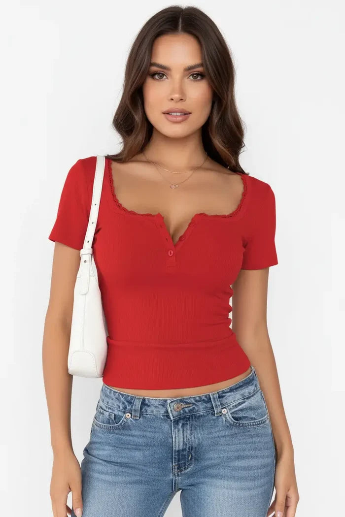 Women's lace trim top in a slim waist fit with short sleeves shown to compare the silhouette and neckline trim before buying.