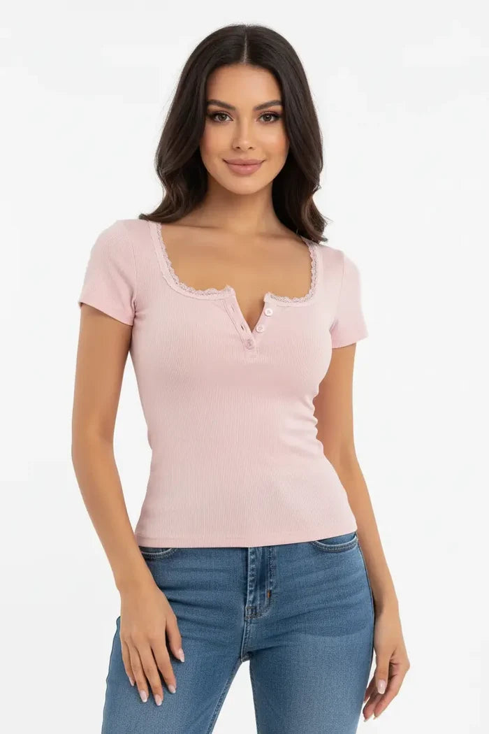 Plus size lace top made from 100% polyester with slight stretch, shown in a close product view to compare feel and lace trim.