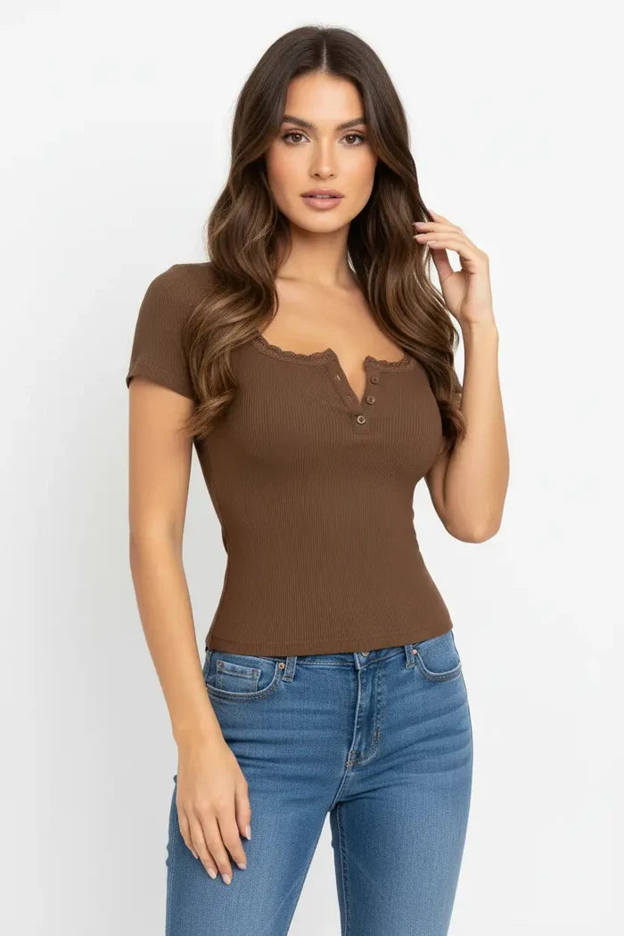 Women's short sleeve lace top with slim waist fit, styled as an outfit photo to help shoppers compare casual pairing options.
