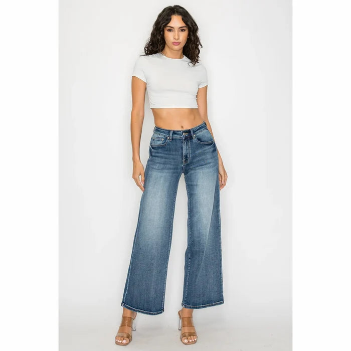 women's wide leg trousers dark blue denim relaxed hip fit