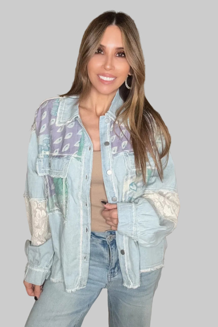 Style the Pol Denim Multi Balloon Sleeve Printed Woven Mixed Denim Shacket exclusively at Born To Glam