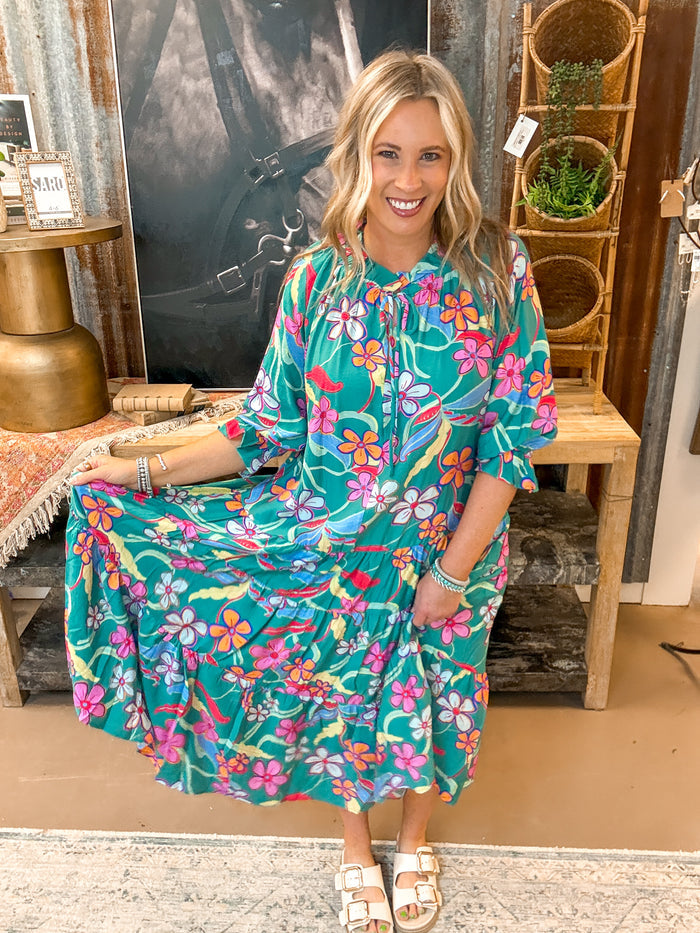 PRINTED PEACH BLOSSOM MAXI DRESS, JADE
