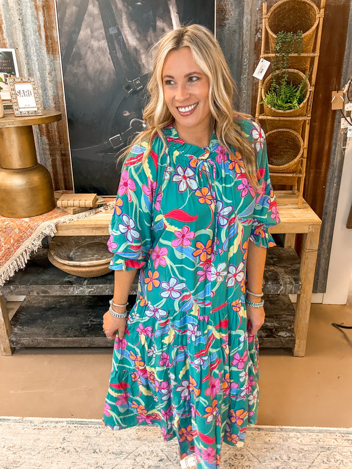 PRINTED PEACH BLOSSOM MAXI DRESS, JADE