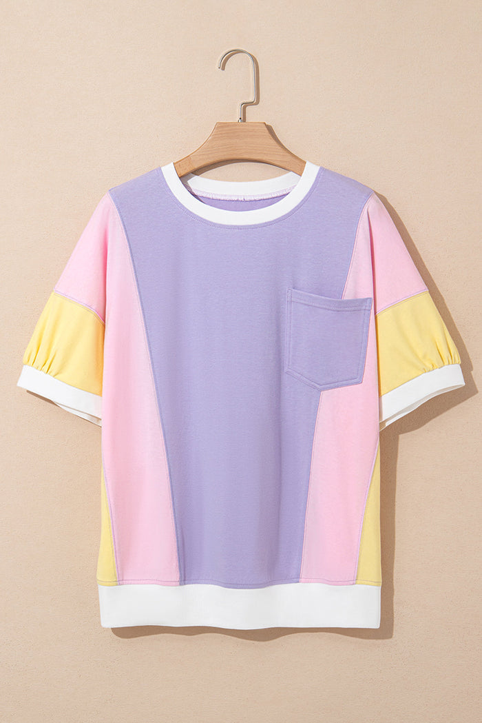 Purple Colour Block Patchwork Half Sleeve Oversized T Shirt - Tops/Tops & Tees