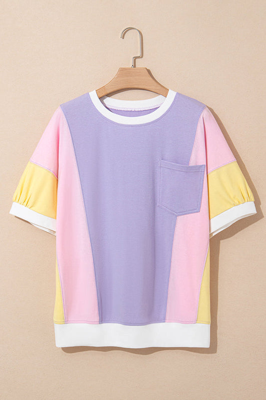Purple Colour Block Patchwork Half Sleeve Oversized T Shirt - Tops/Tops & Tees