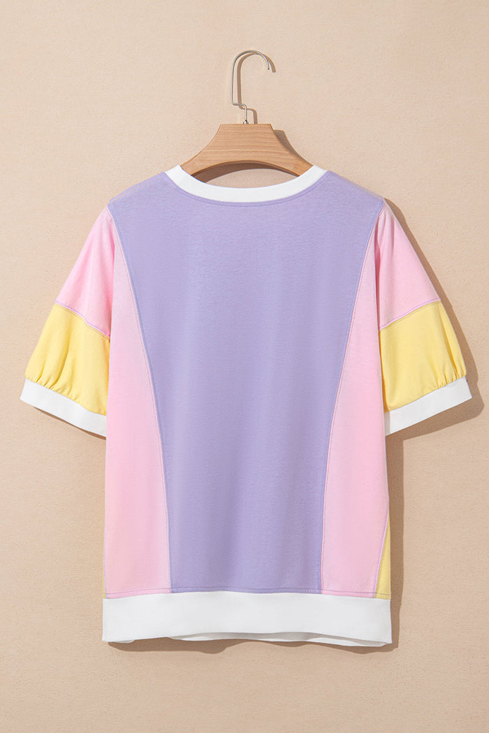 Purple Colour Block Patchwork Half Sleeve Oversized T Shirt - Tops/Tops & Tees