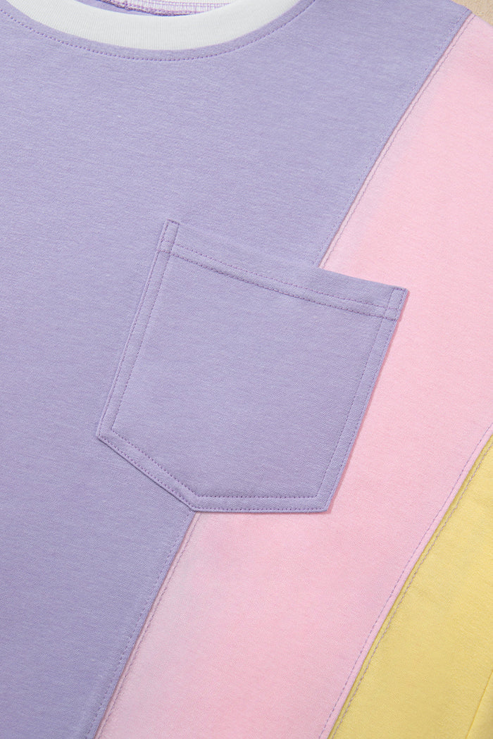 Purple Colour Block Patchwork Half Sleeve Oversized T Shirt - Tops/Tops & Tees