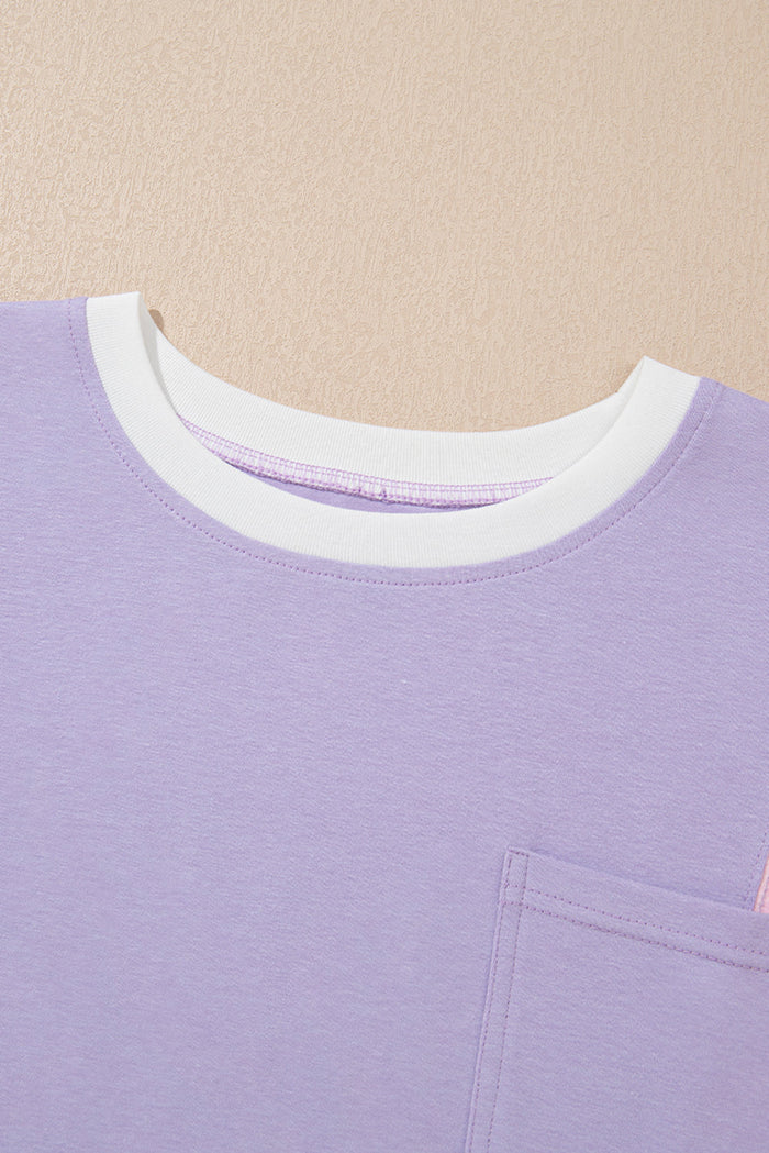 Purple Colour Block Patchwork Half Sleeve Oversized T Shirt - Tops/Tops & Tees