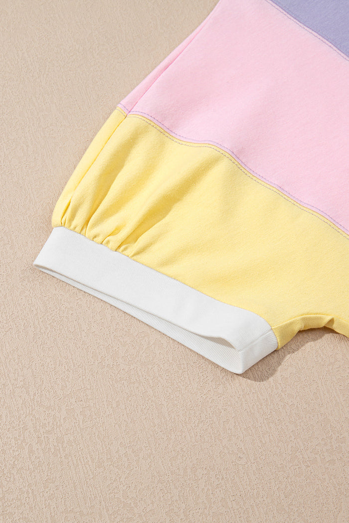Purple Colour Block Patchwork Half Sleeve Oversized T Shirt - Tops/Tops & Tees