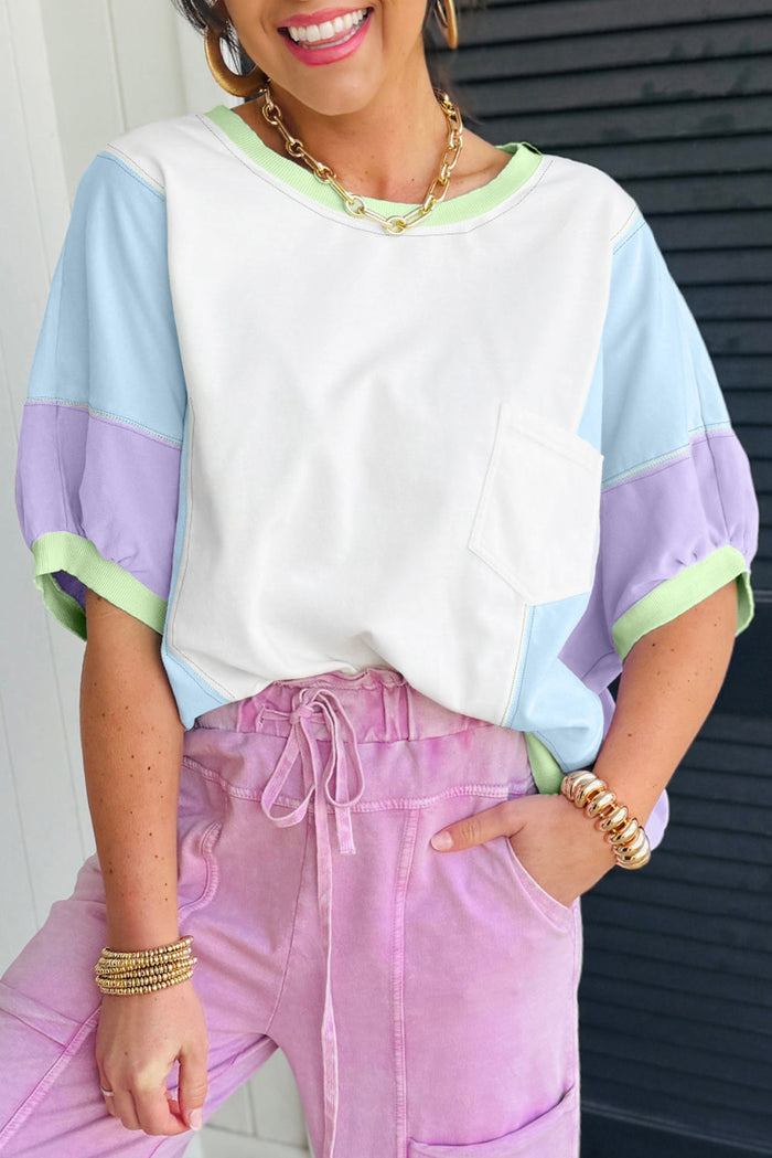 Purple Colour Block Patchwork Half Sleeve Oversized T Shirt - White / S / 62% Polyester + 32% Cotton + 6% Elastane