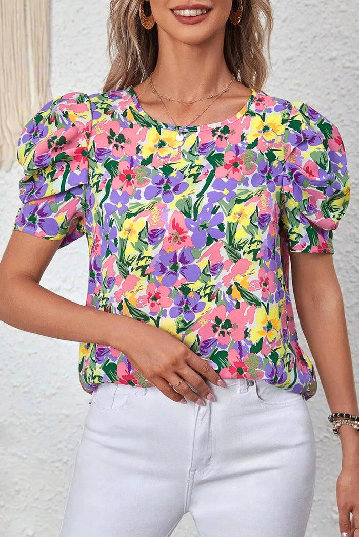 Purple Floral Print Puff Short Sleeve Crew Neck Blouse - S / 100% Polyester - Tops/Blouses & Shirts